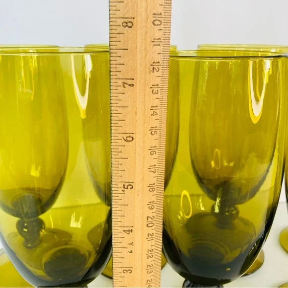 7 Olive Avocado Green Footed Vintage Tumblers Mid Century Glassware Barware